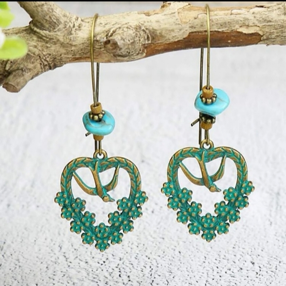 Swallowtail Floral Heart 2" Antiqued Brass and Turquoise Dangle Earrings